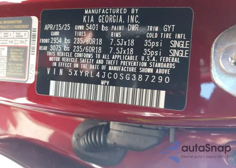 2025 Kia Sorento S z USA, uszkodzony, nr VIN 5XYRL4JC0SG387290